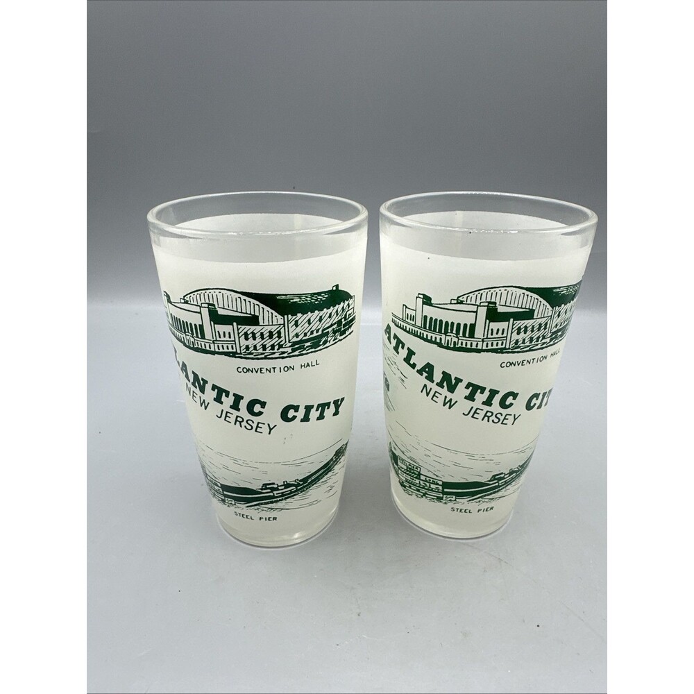 Vintage Hazel Atlas Atlantic City New Jersey Souvenir Glass Frosted White Green
